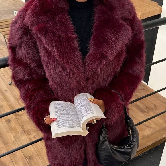 Women's Burgundy Faux Fur shaggy warm winter fluffy Coat